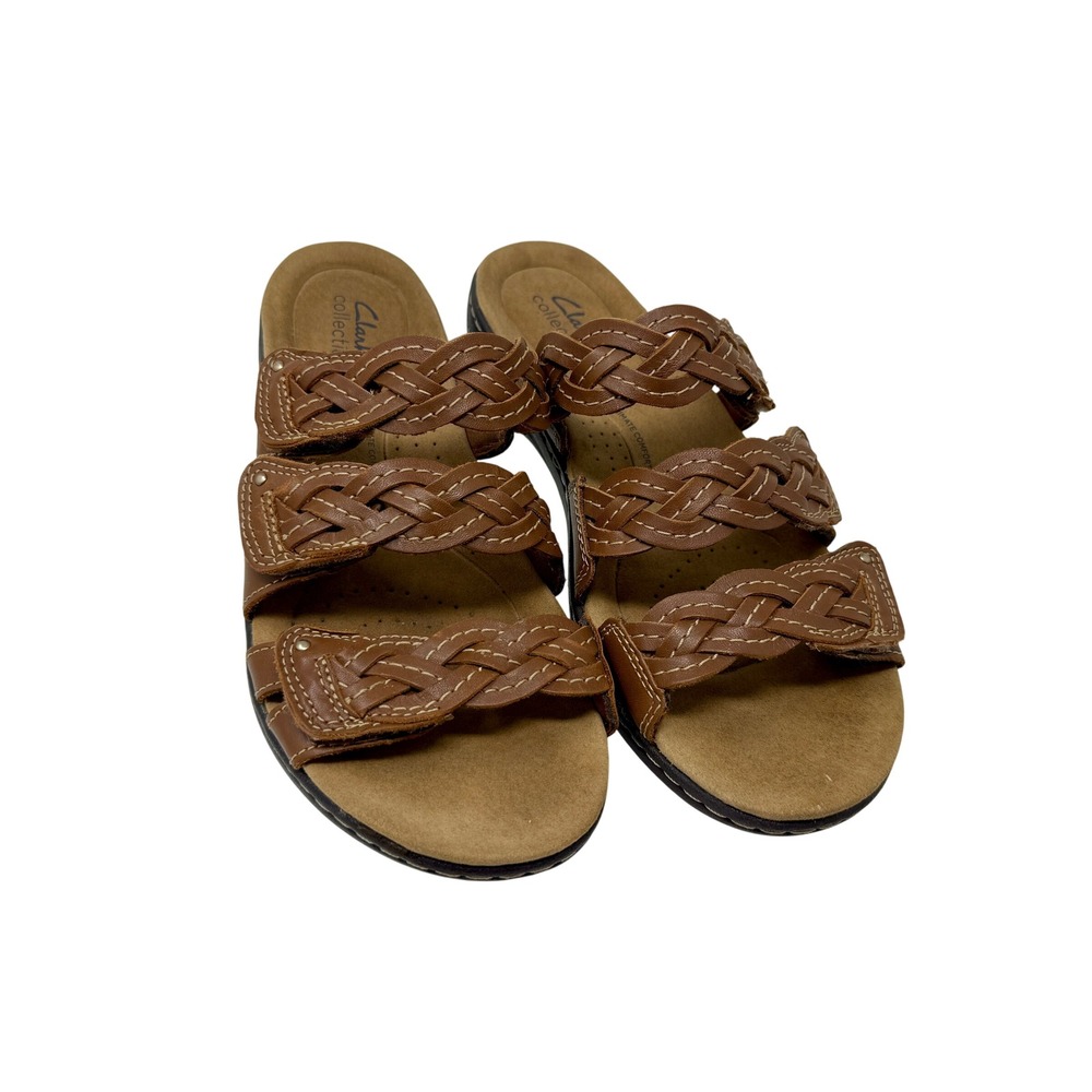 Clarks Collection Leisa Vine Brown Leather Braided Slide Sandals Women's 8.5 W